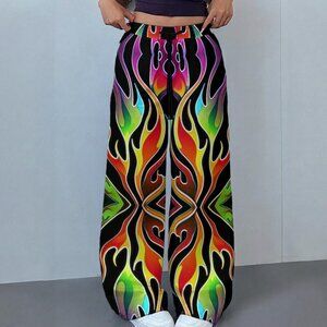 Flames Trippy Rave Pants Festival Club Size XL Wide Leg Statement Psychedelic